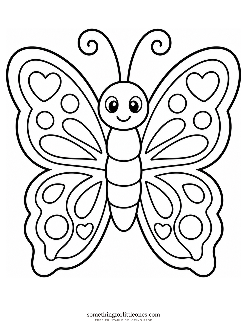 Line drawing of a butterfly with patterned wings and two curly antennae