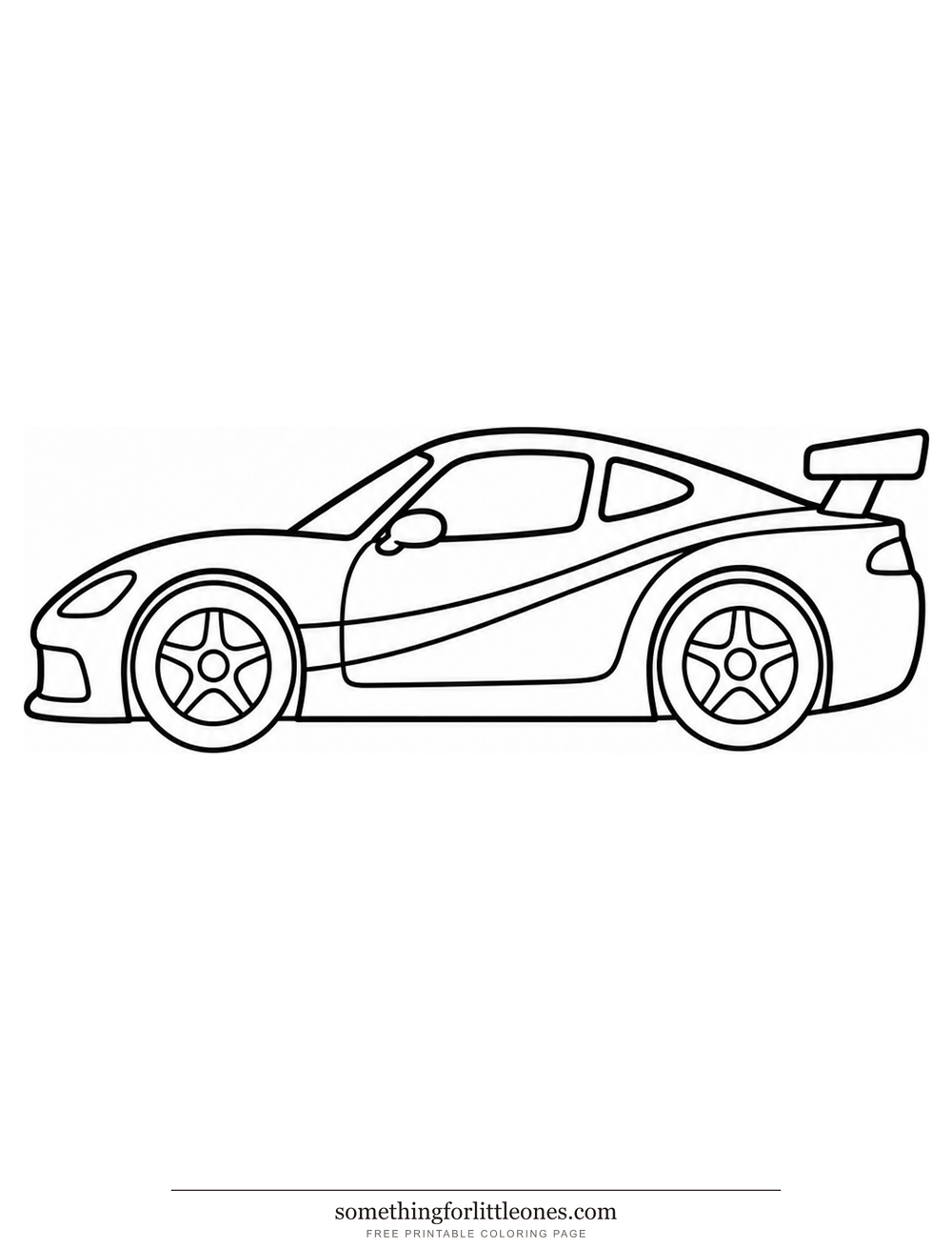 Line drawing of a low race car with a rear spoiler and a side stripe