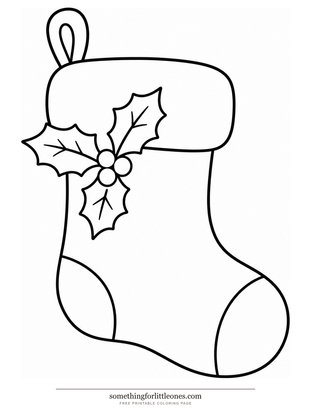 Line drawing of a Christmas stocking with a cuff and a small holly sprig