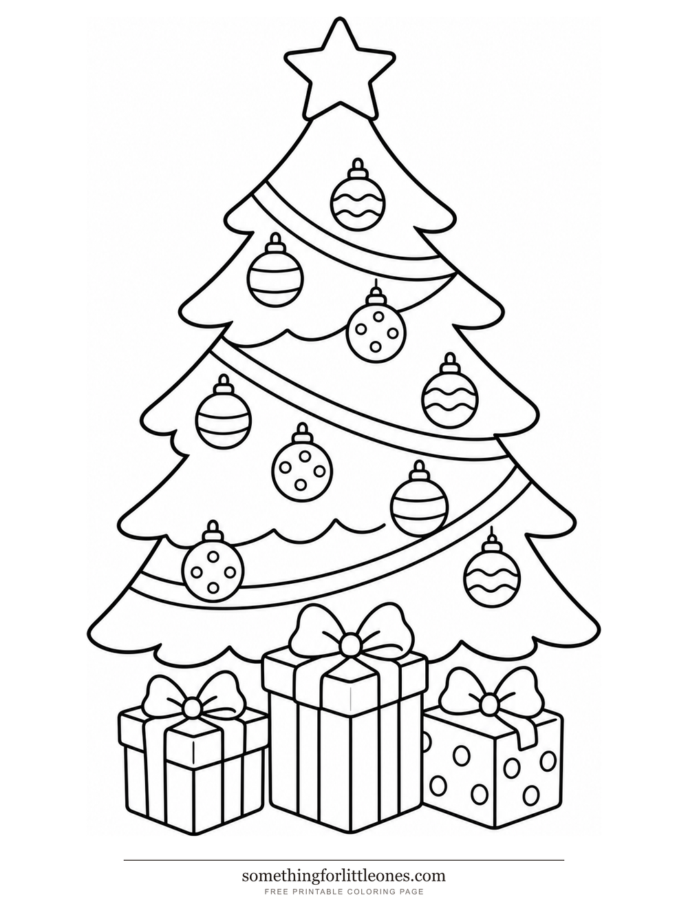 Line drawing of a Christmas tree with ornaments, a star, and presents at the base