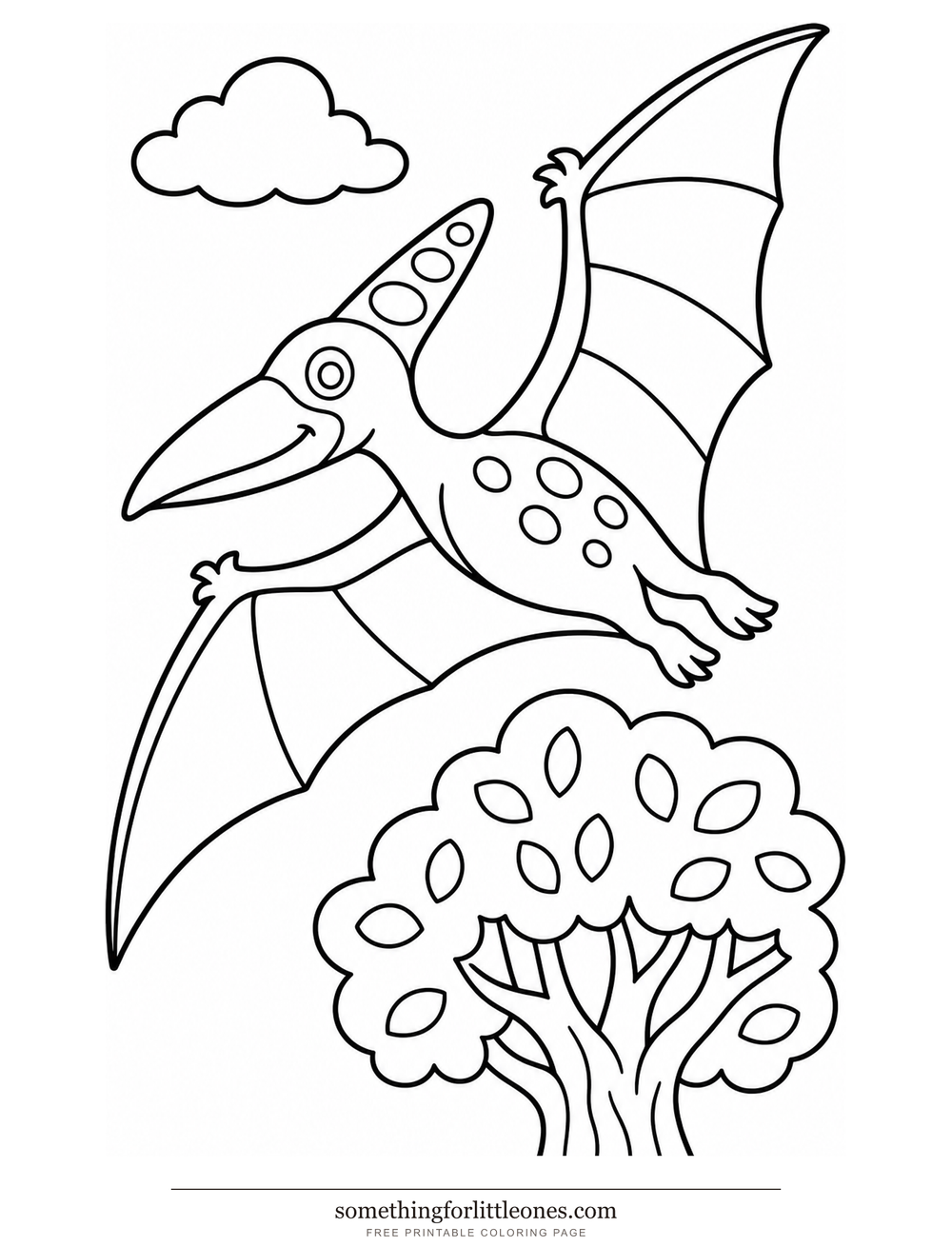 Line drawing of a friendly flying reptile with wings split into panels.
