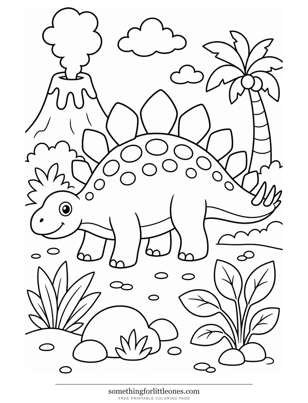 Line drawing of a stegosaurus with a row of large plates.