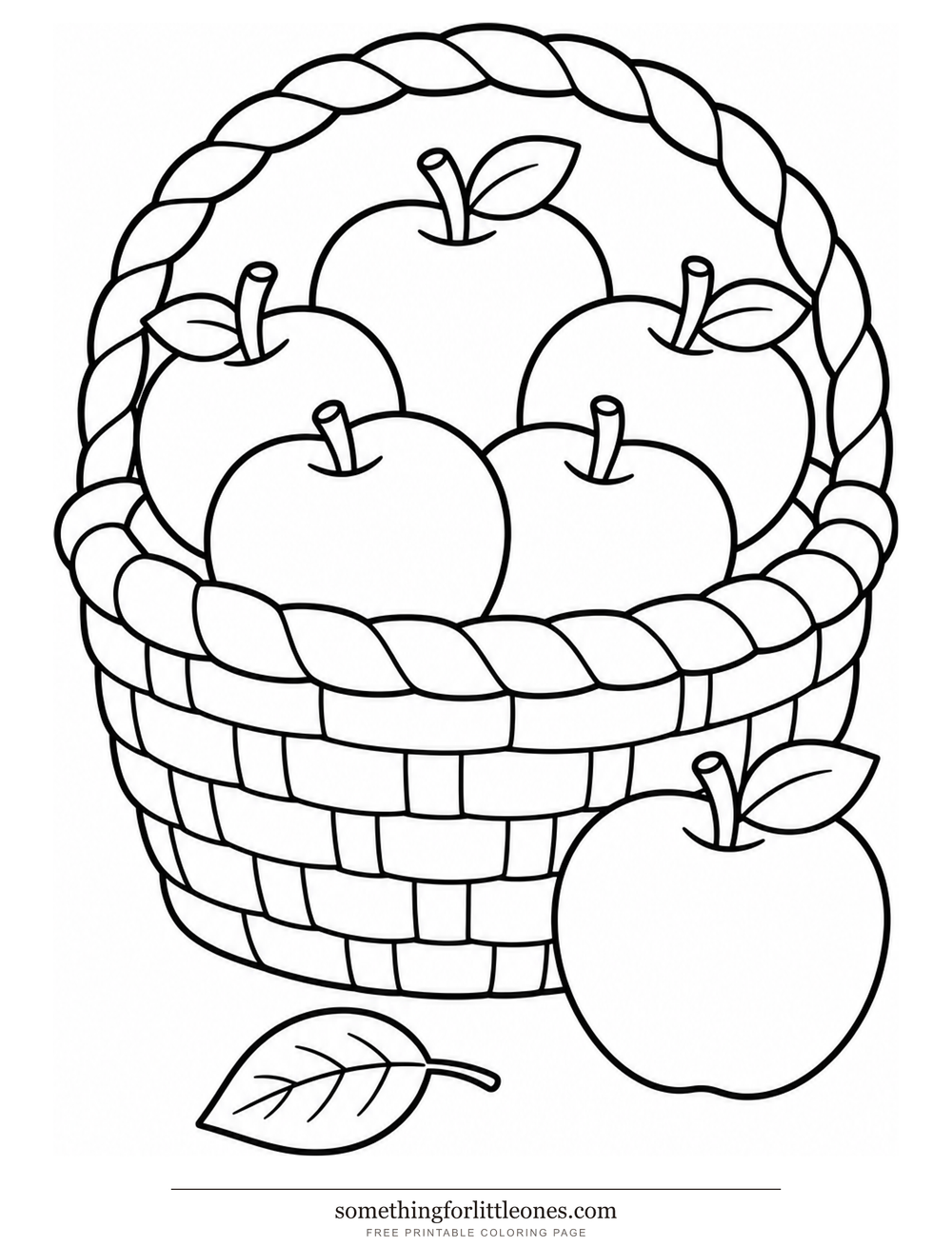 Line drawing of a basket filled with apples, plus one apple and a leaf next to the basket