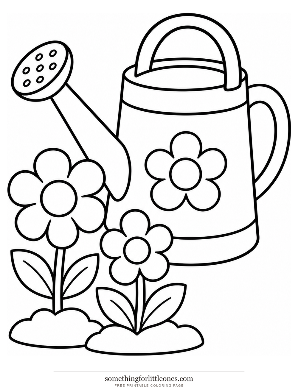 Line drawing of a watering can beside two flowers.