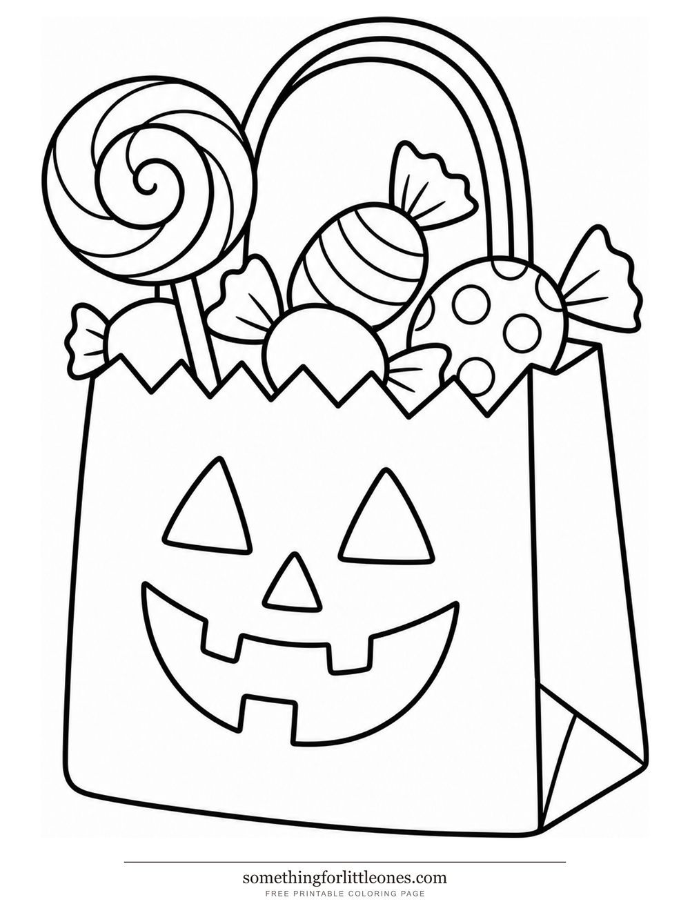 Line drawing of a Halloween treat bag with a lollipop and wrapped candies