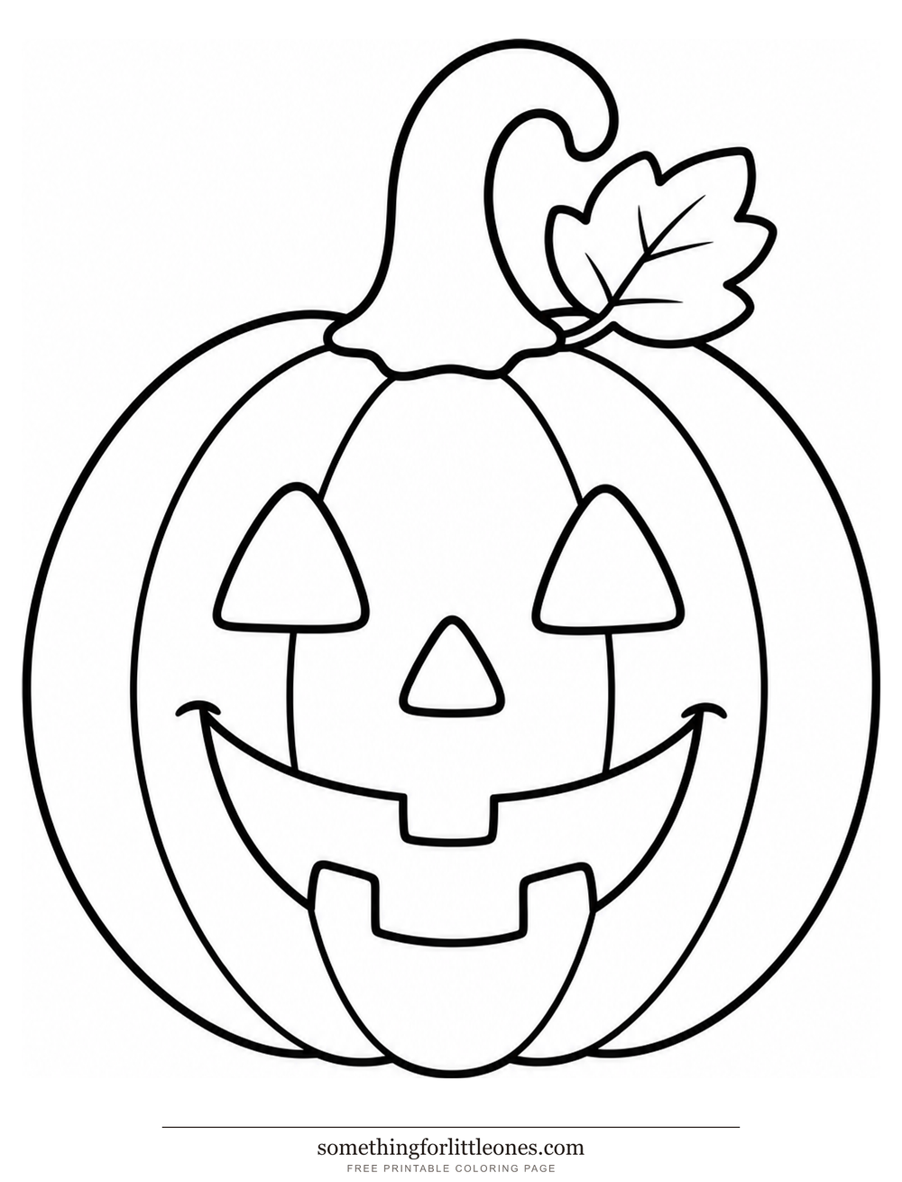 Line drawing of a smiling jack-o-lantern with a curved stem and one leaf