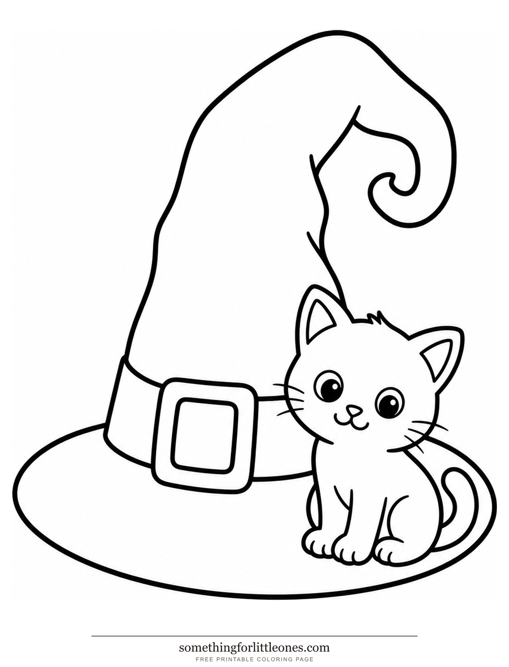 Line drawing of a witch hat with a buckle and a small cat next to the brim