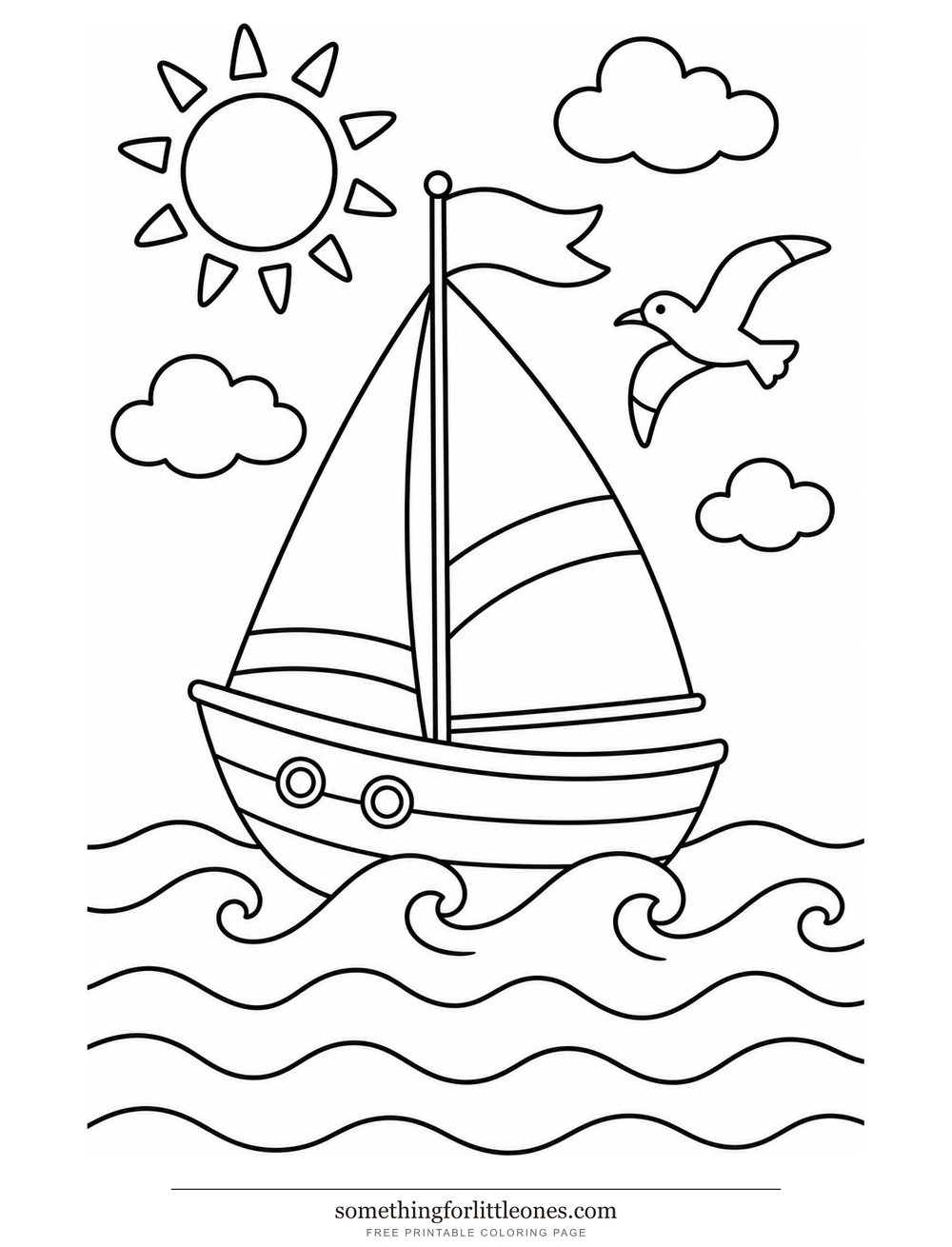 Line drawing of a sailboat on waves with clouds, a sun, and a seagull.