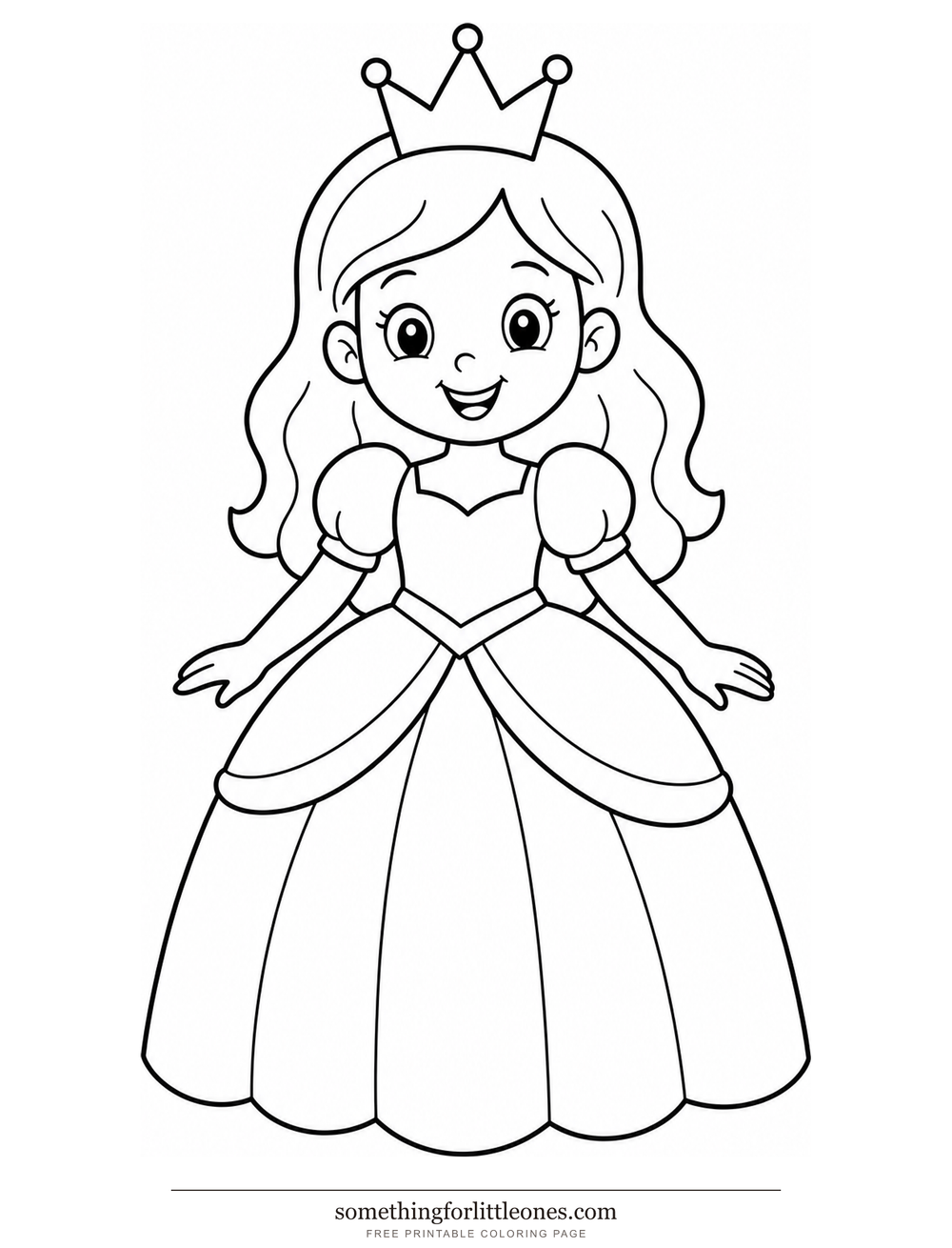 Line drawing of a smiling girl in a full gown and a simple three-point crown