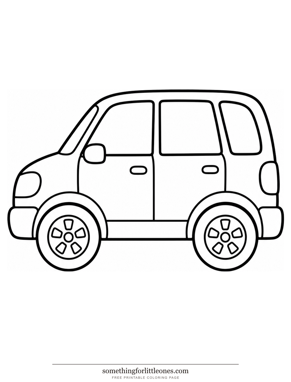 Line drawing of a chunky family car with doors, windows, and wheels.