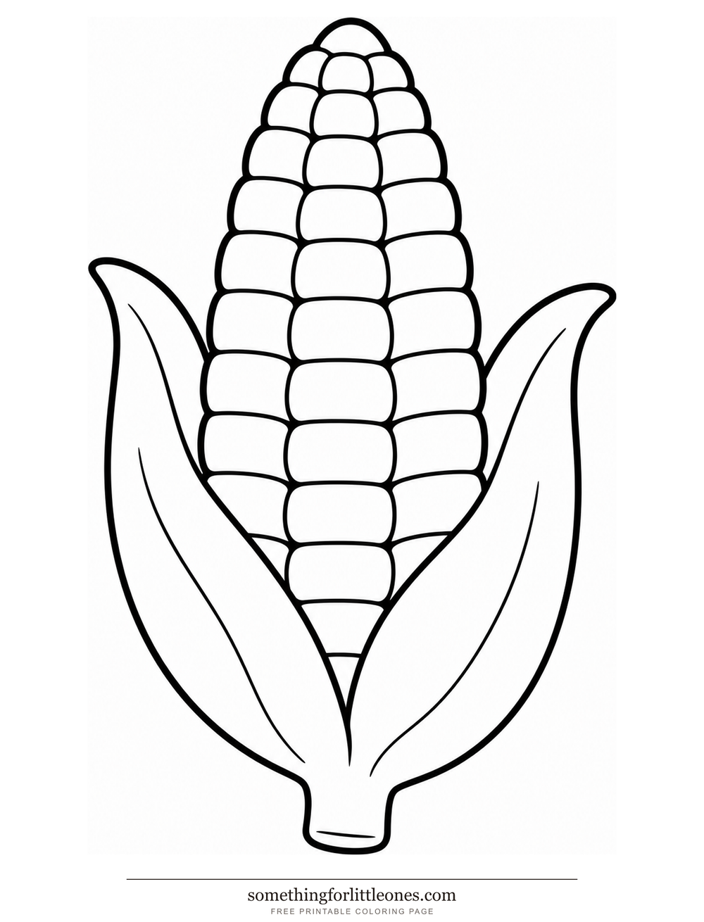 Line drawing of an ear of corn with two husk leaves peeled back.