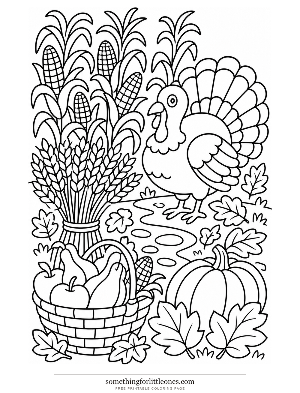 Line drawing of a harvest path with corn, wheat, a basket, and a turkey.