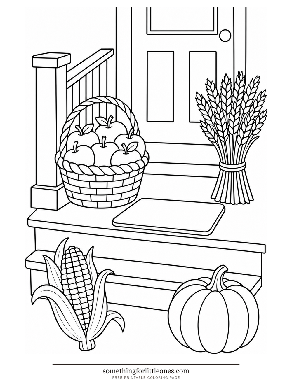 Line drawing of porch steps, a basket of apples, corn, and wheat.
