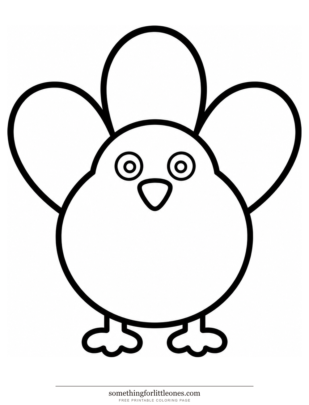 Line drawing of one huge turkey with three large tail feathers.