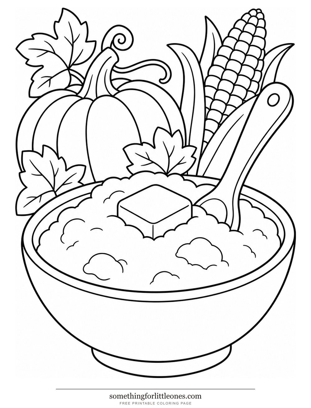 Line drawing of a bowl of mashed potatoes with a spoon and butter.