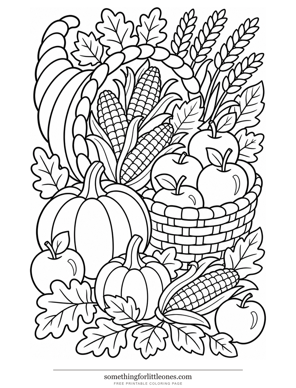 Line drawing of a cornucopia, a woven basket, wheat, corn, and leaves.