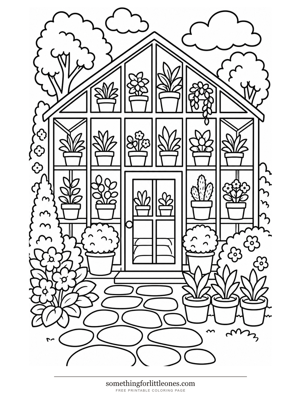Line drawing of a greenhouse with large glass panes and rows of potted plants.