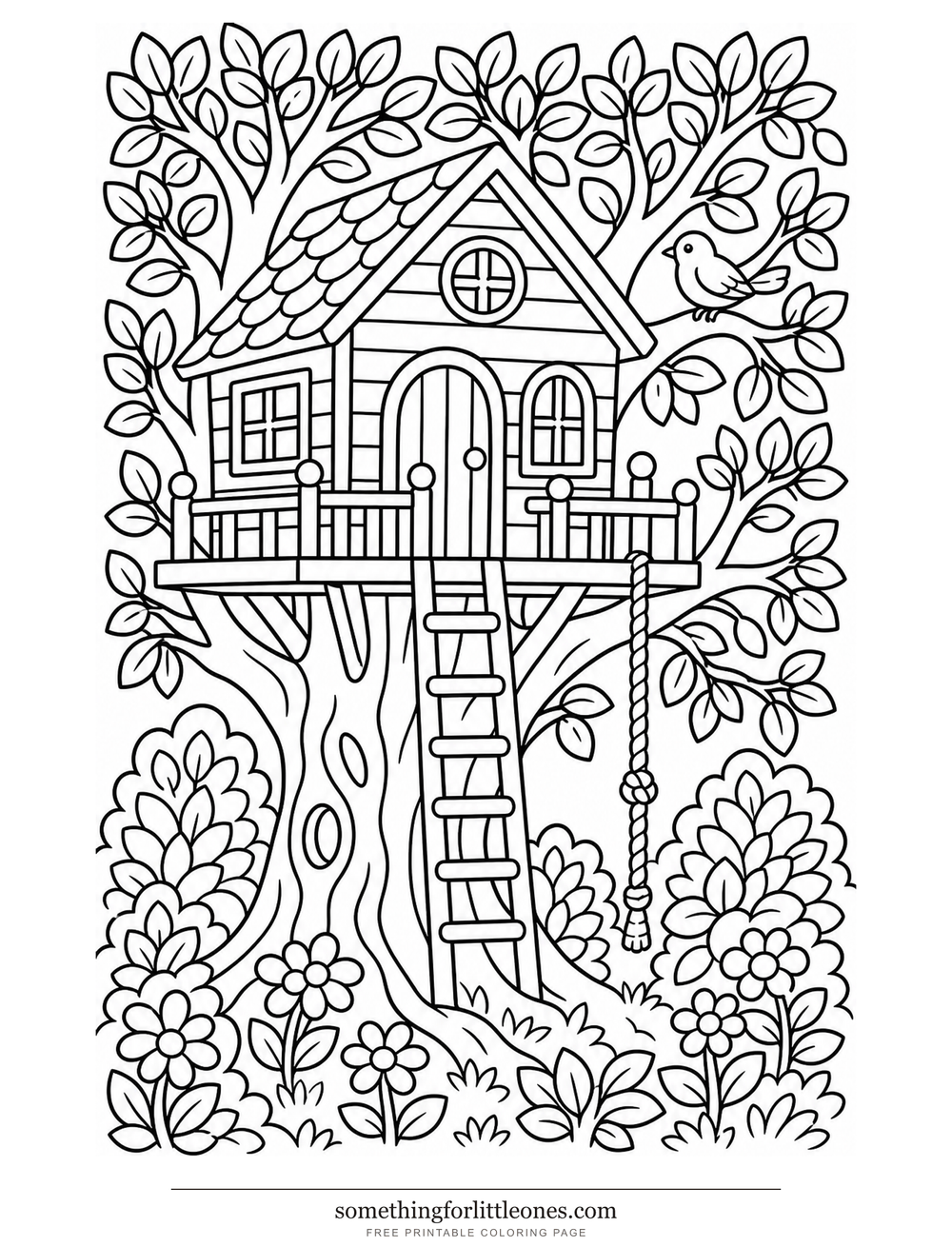 Line drawing of a treehouse with windows, a ladder, leaves, a bird, and a rope.