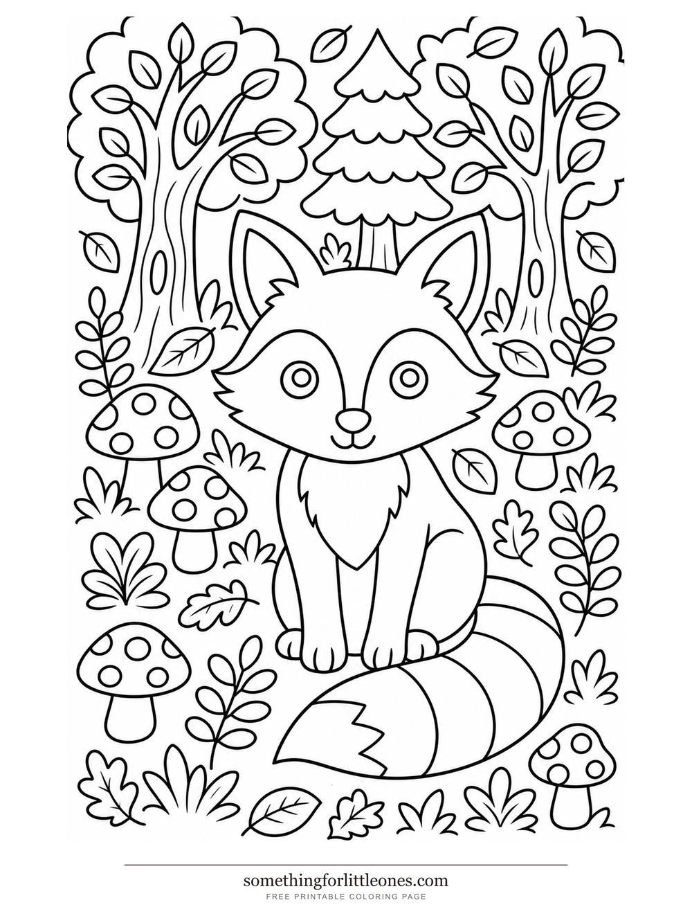 Line drawing of a fox in the woods, with tail stripes, trees, and spotted mushrooms.